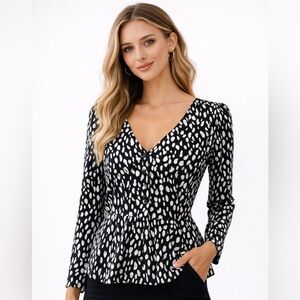 J.Crew Black Ivory Peplum Blouse V-Neck Long Sleeve Size 0